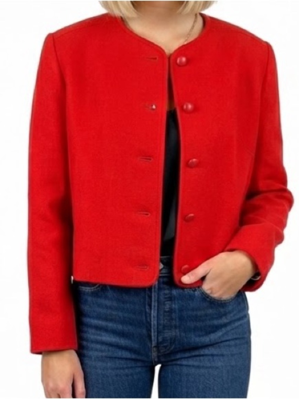 Vintage Pendleton 100% Virgin Wool Red Cropped Collarless Jacket USA Made sz 10